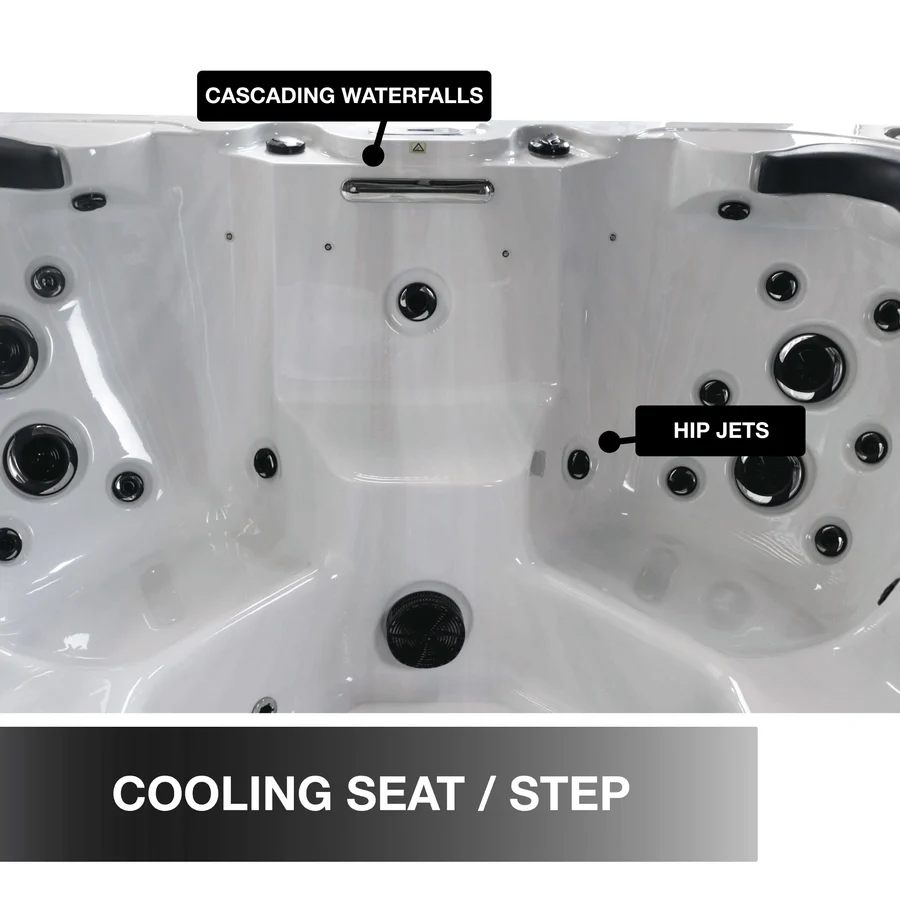 Erie SE cooling seat and step with cascading waterfalls and hip jets