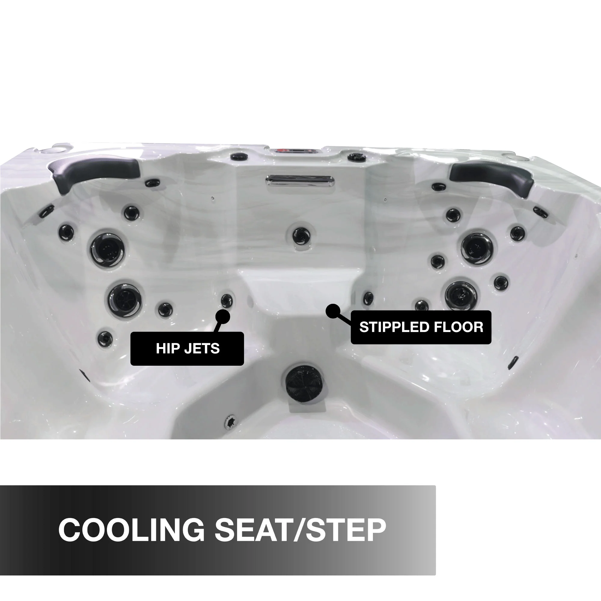 Huron cooling seat and step with hip jets and stippled floor